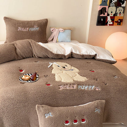 Bedding Set Teddy Fleece Reversible Embroidered Floral 4-Piece