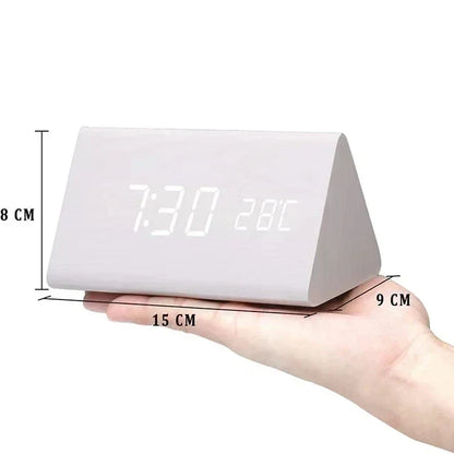 Bedside Alarm Clock Wooden LED Voice Control