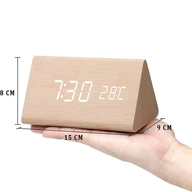 Bedside Alarm Clock Wooden LED Voice Control