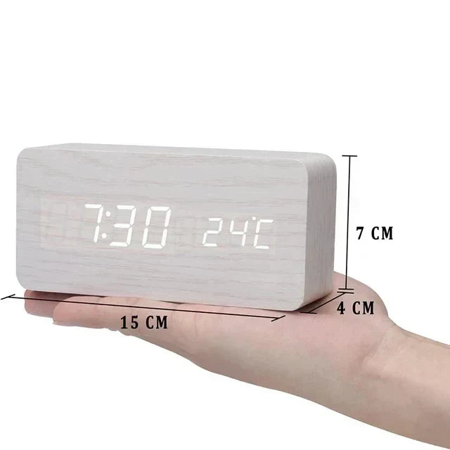 Bedside Alarm Clock Wooden LED Voice Control