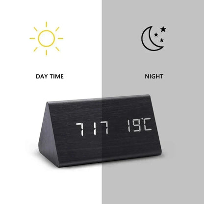 Bedside Alarm Clock Wooden LED Voice Control