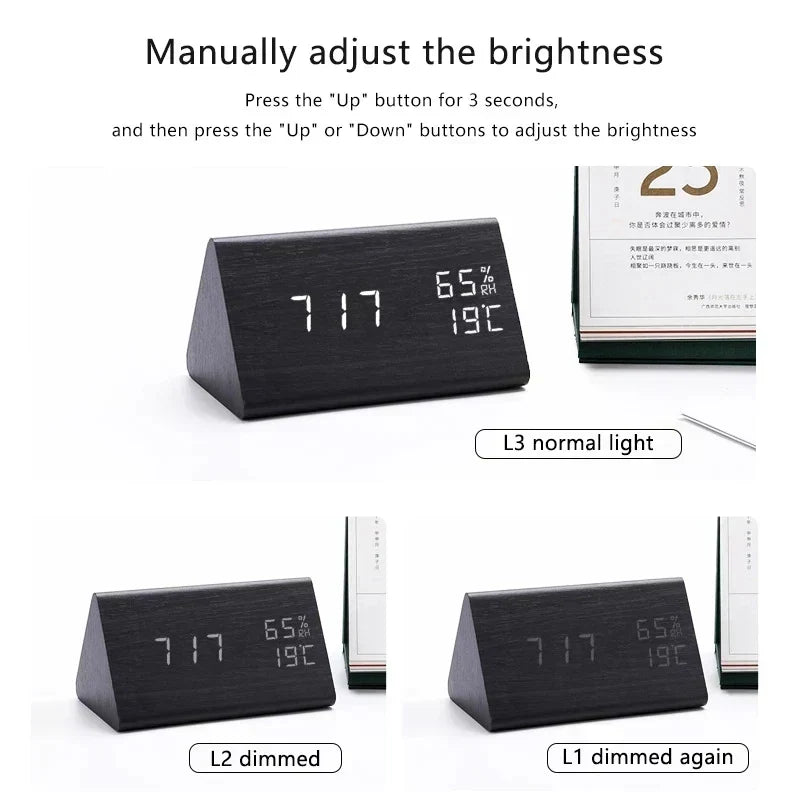Bedside Alarm Clock Wooden LED Voice Control
