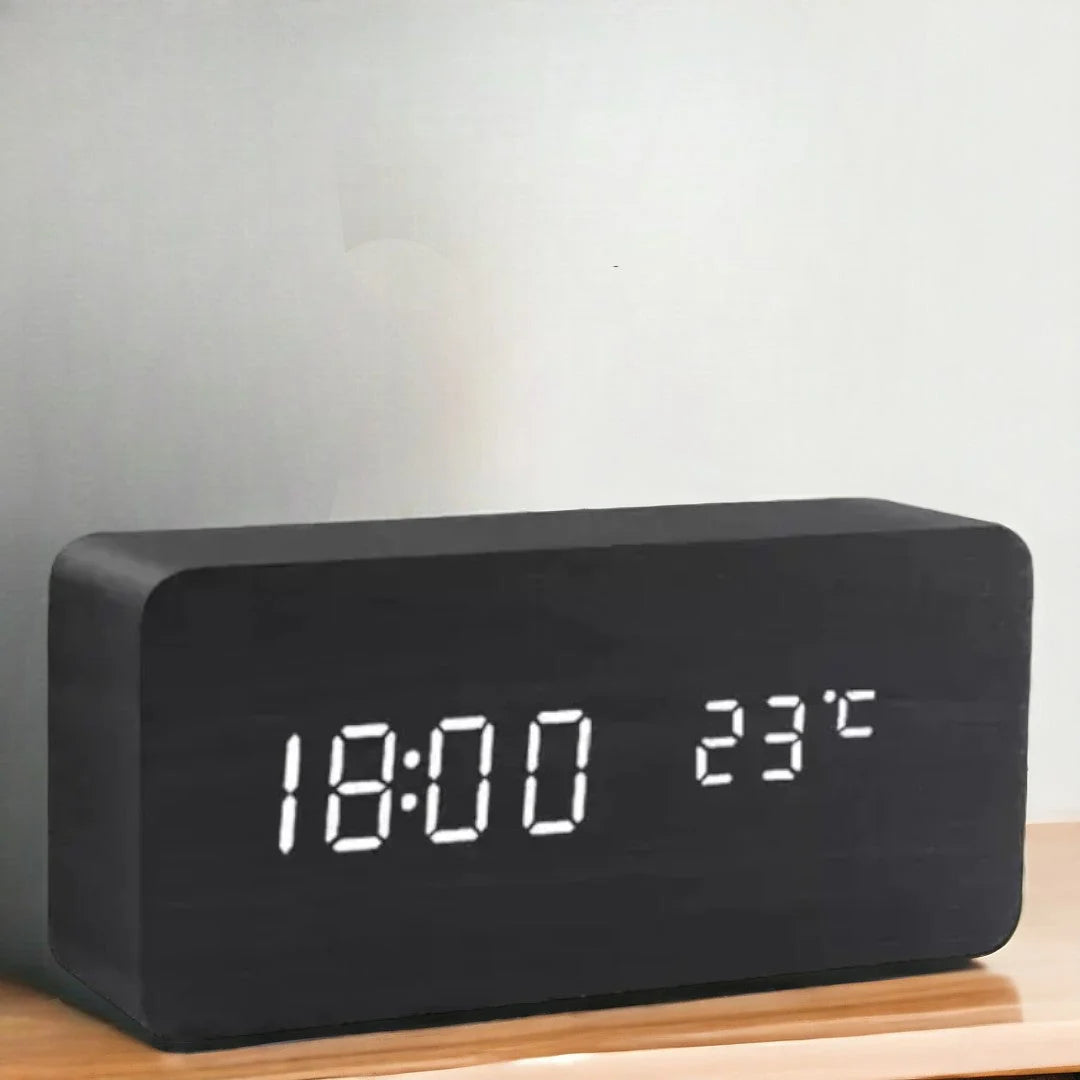 Bedside Alarm Clock Wooden LED Voice Control