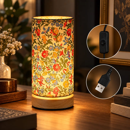 Bedside Lamp Solid Wood Base Linen Shade USB Powered