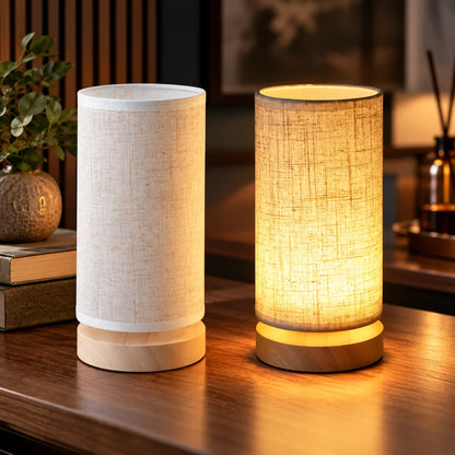 Bedside Lamp Solid Wood Base Linen Shade USB Powered