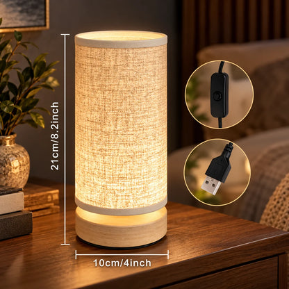 Bedside Lamp Solid Wood Base Linen Shade USB Powered