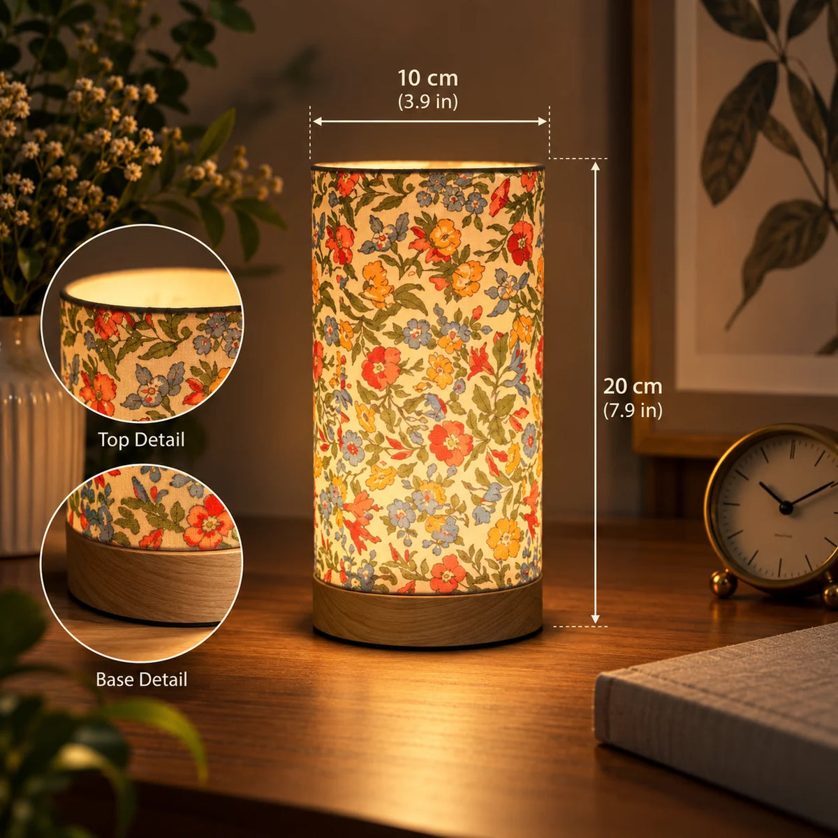 Bedside Lamp Solid Wood Base Linen Shade USB Powered