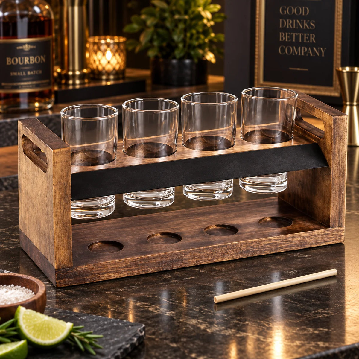 Beer Flight Set Acacia Two-Tier Chalkboard Set of 4