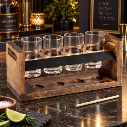 Beer Flight Set Acacia Two-Tier Chalkboard Set of 4