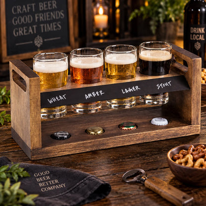 Beer Flight Set Acacia Two-Tier Chalkboard Set of 4