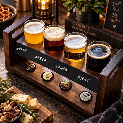 Beer Flight Set Acacia Two-Tier Chalkboard Set of 4