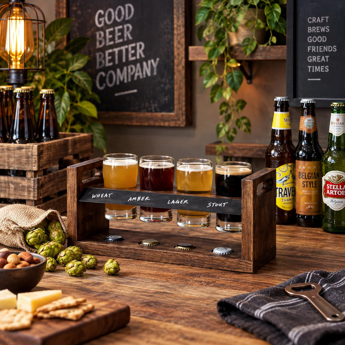 Beer Flight Set Acacia Two-Tier Chalkboard Set of 4