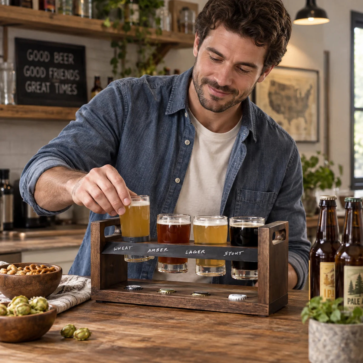 Beer Flight Set Acacia Two-Tier Chalkboard Set of 4