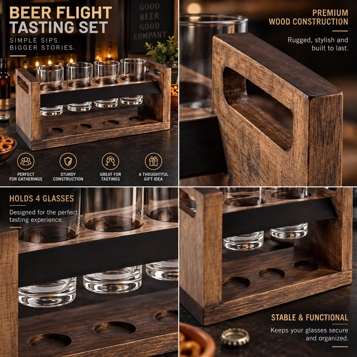 Beer Flight Set Acacia Two-Tier Chalkboard Set of 4