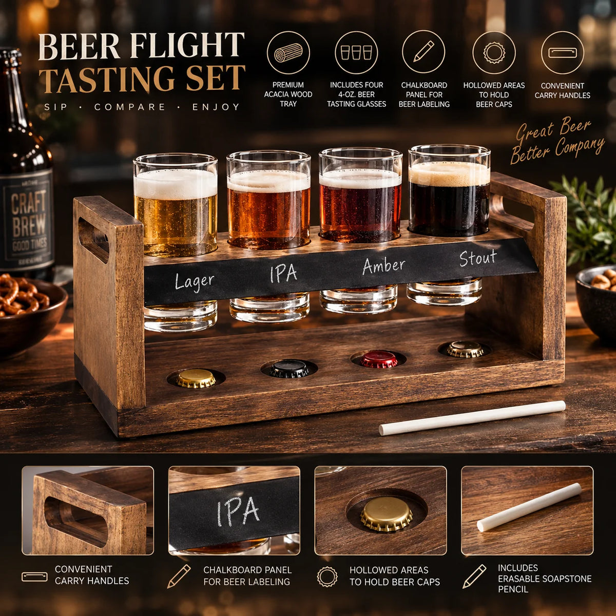 Beer Flight Set Acacia Two-Tier Chalkboard Set of 4