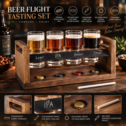Beer Flight Set Acacia Two-Tier Chalkboard Set of 4