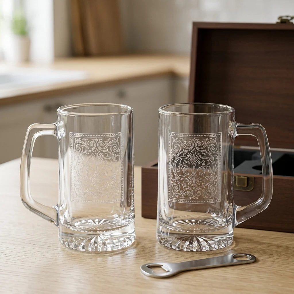 Beer Mug Engraved Handled Stein Thick Base