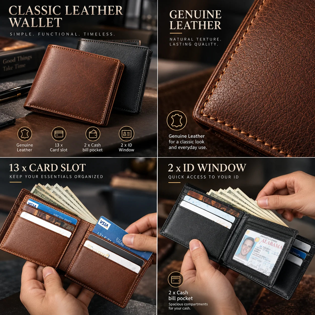 Bifold Wallet RFID-Blocking 13 Card Slots Leather Exterior