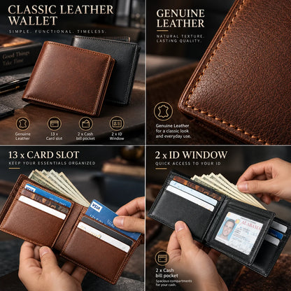 Bifold Wallet RFID-Blocking 13 Card Slots Leather Exterior