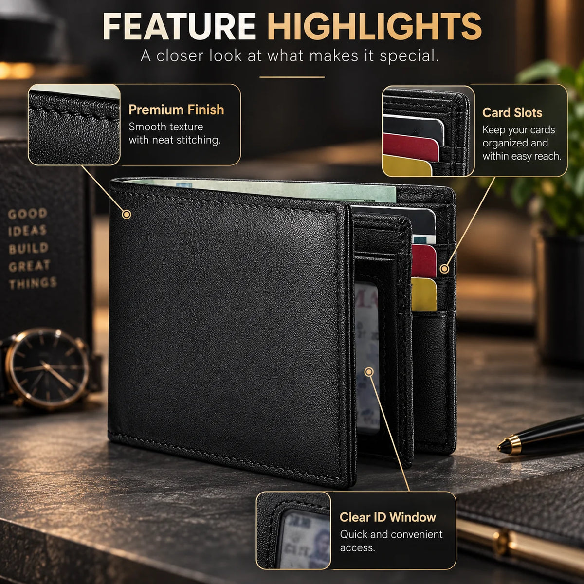 Bifold Wallet RFID-Blocking 13 Card Slots Leather Exterior