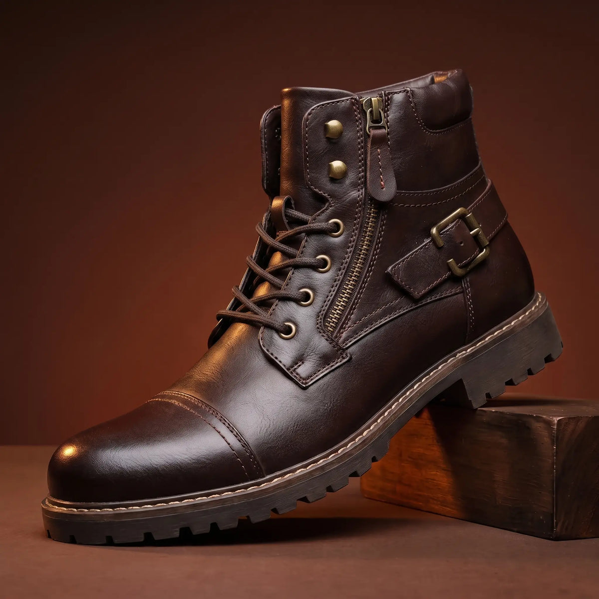 Biker Boots Side Zip Adjustable Laces Deep-Tread Sole