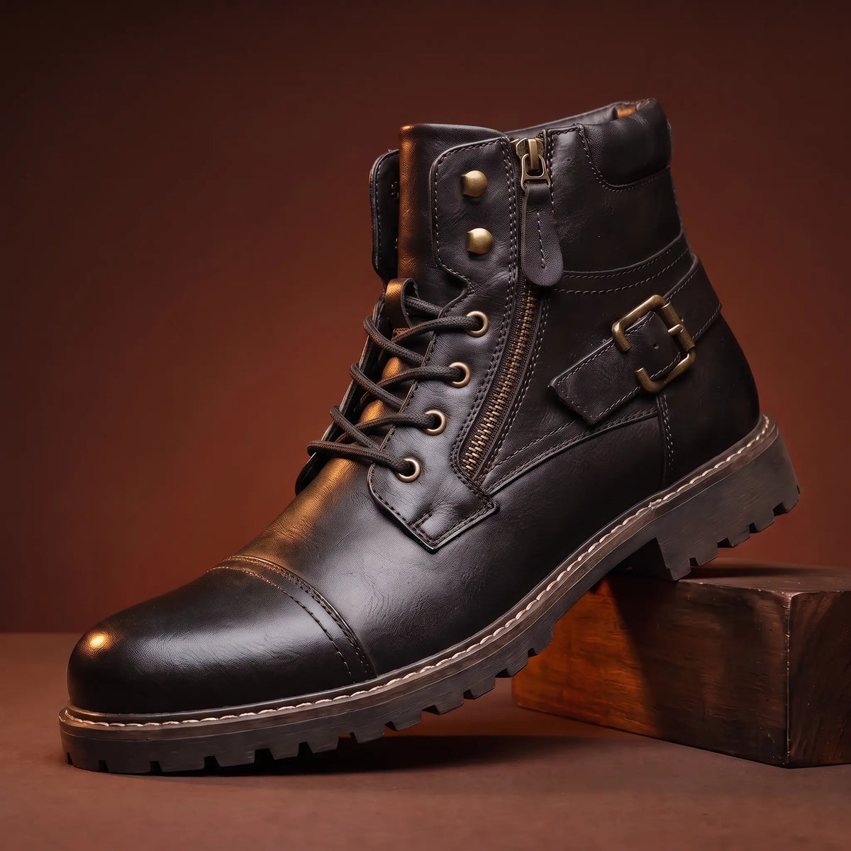 Biker Boots Side Zip Adjustable Laces Deep-Tread Sole