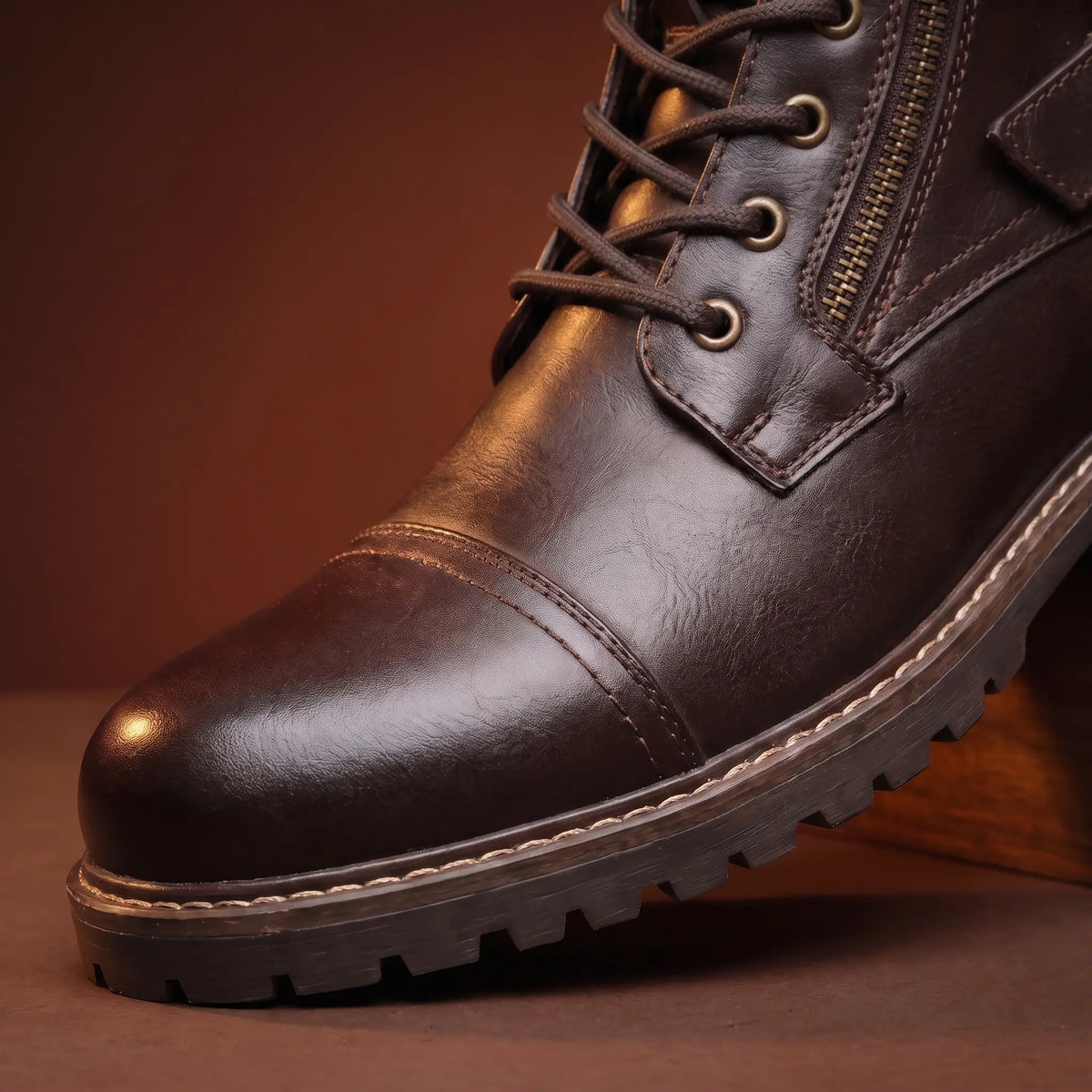Biker Boots Side Zip Adjustable Laces Deep-Tread Sole