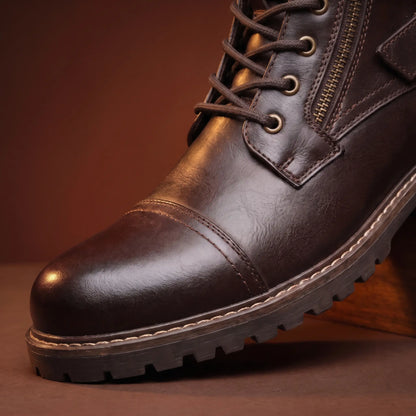 Biker Boots Side Zip Adjustable Laces Deep-Tread Sole