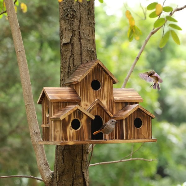 Birdhouse 6-Compartment Rustic Wood Hemp Rope Hanger
