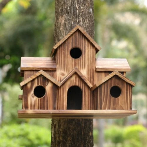 Birdhouse 6-Compartment Rustic Wood Hemp Rope Hanger
