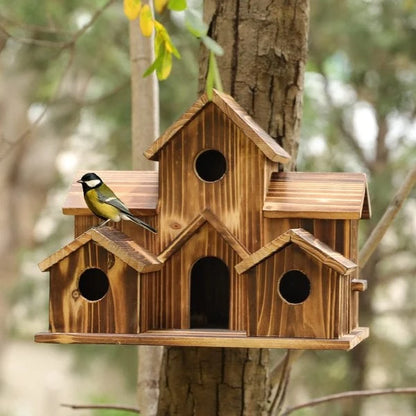 Birdhouse 6-Compartment Rustic Wood Hemp Rope Hanger