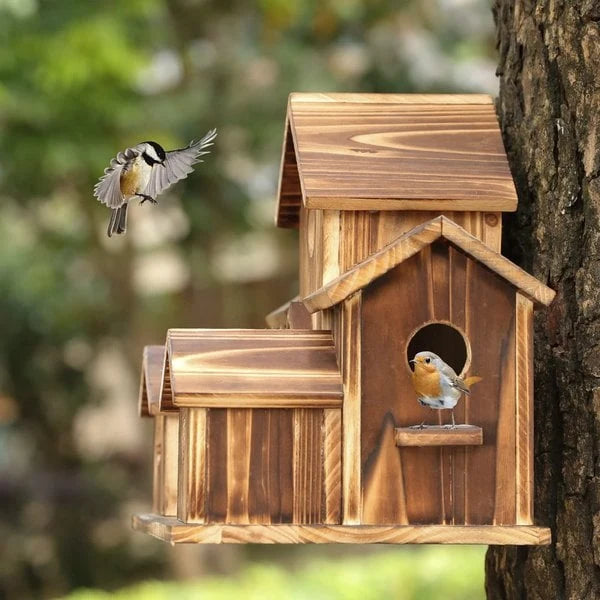 Birdhouse 6-Compartment Rustic Wood Hemp Rope Hanger