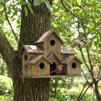 Birdhouse 6-Compartment Rustic Wood Hemp Rope Hanger