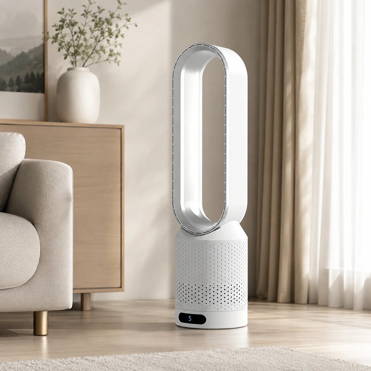 Bladeless Tower Fan Built-In Air Purifier Quiet Sleep Mode