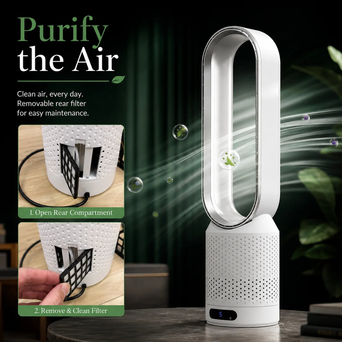 Bladeless Tower Fan Built-In Air Purifier Quiet Sleep Mode