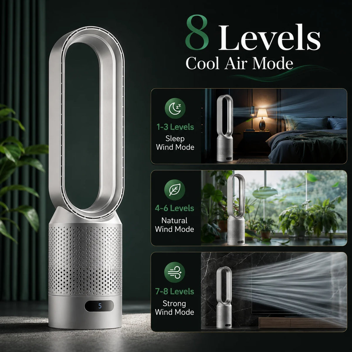 Bladeless Tower Fan Built-In Air Purifier Quiet Sleep Mode