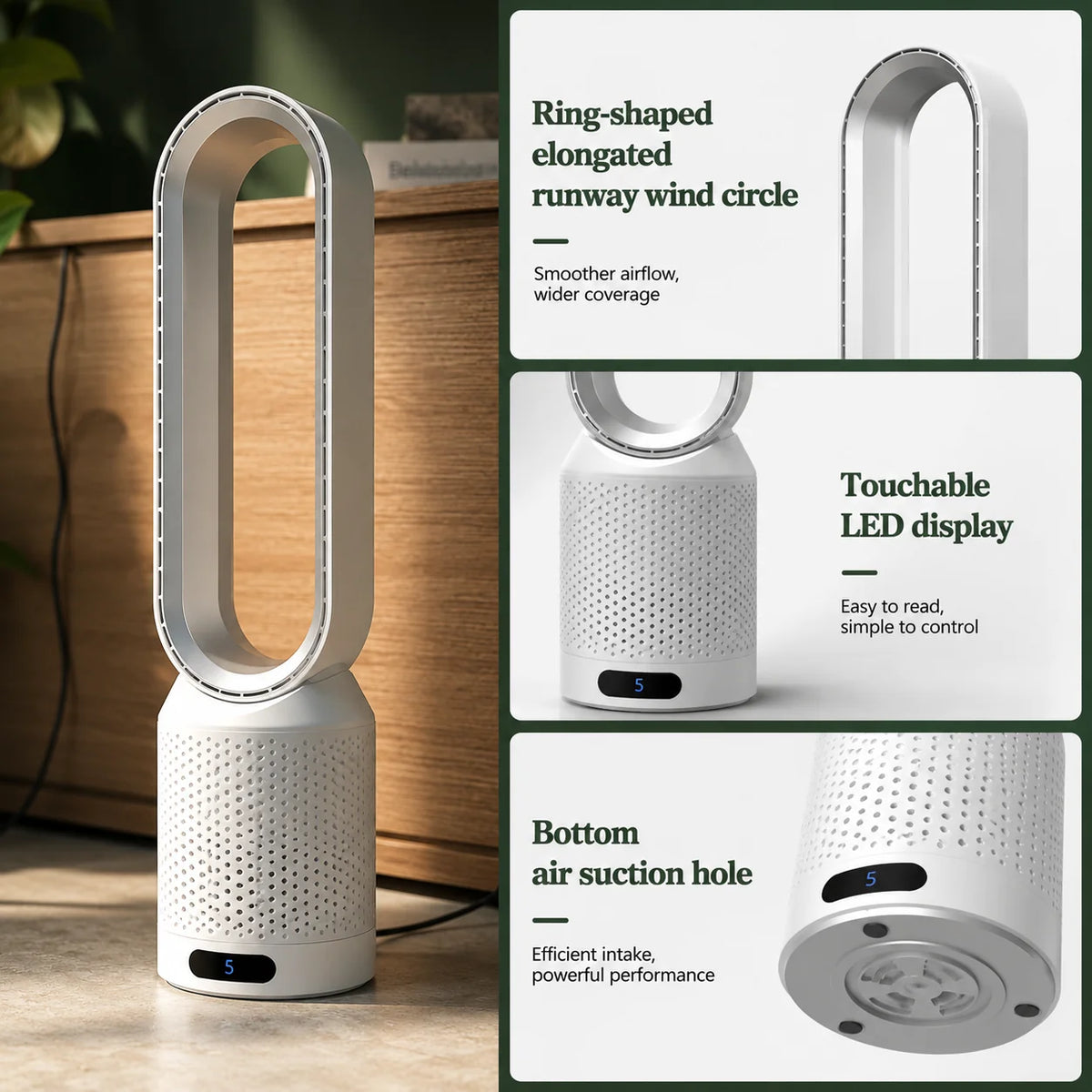 Bladeless Tower Fan Built-In Air Purifier Quiet Sleep Mode