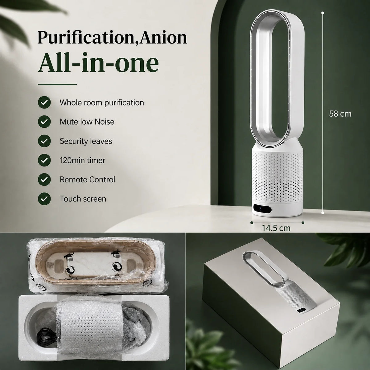 Bladeless Tower Fan Built-In Air Purifier Quiet Sleep Mode