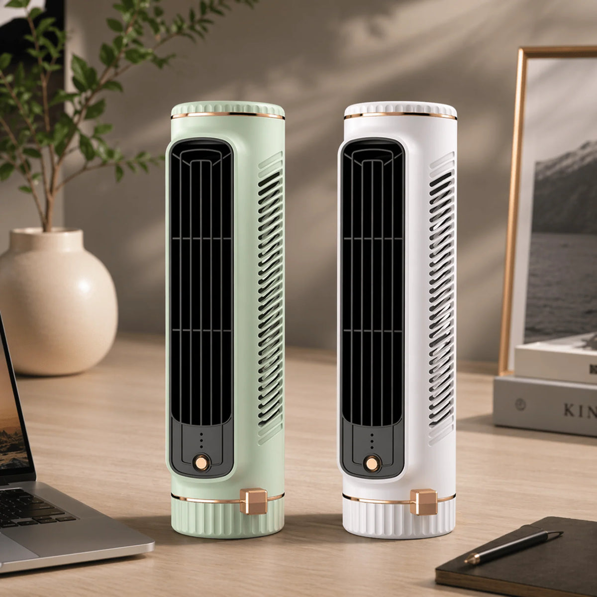 Bladeless Tower Fan USB Rechargeable Quiet 60° Airflow