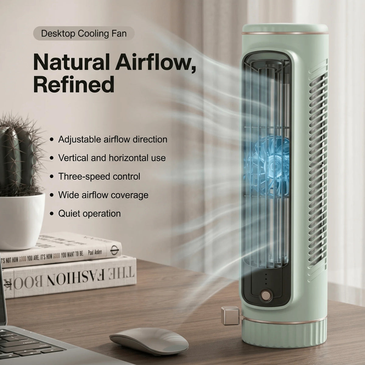 Bladeless Tower Fan USB Rechargeable Quiet 60° Airflow