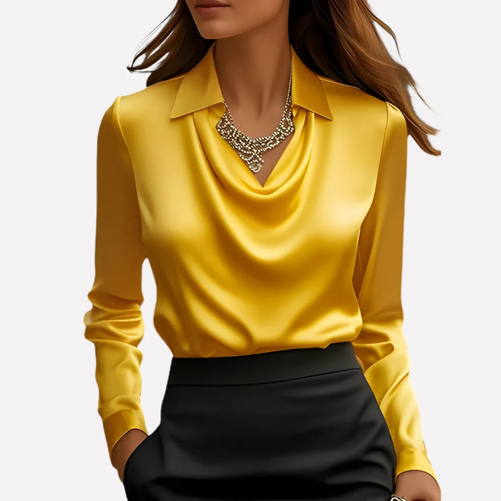 Blouse Satin-Like Draped Neckline Loose Fit