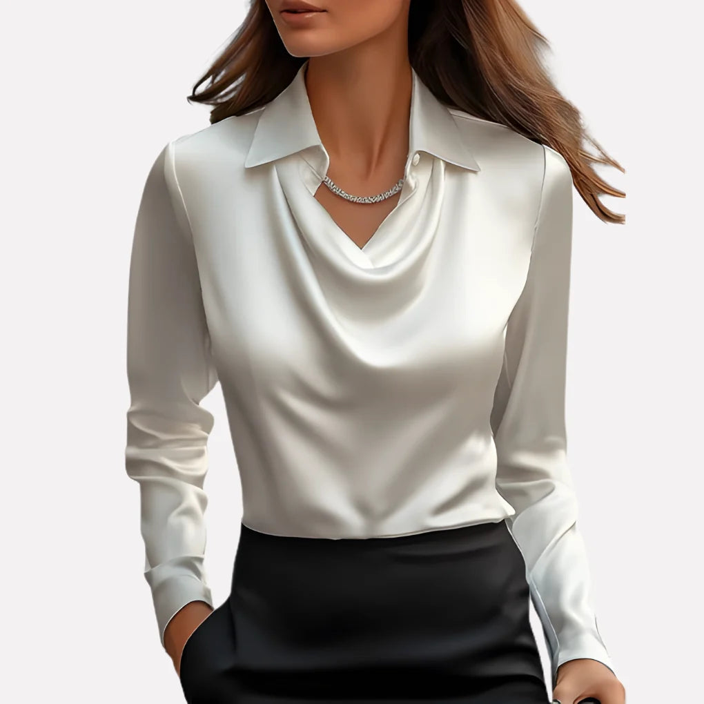 Blouse Satin-Like Draped Neckline Loose Fit