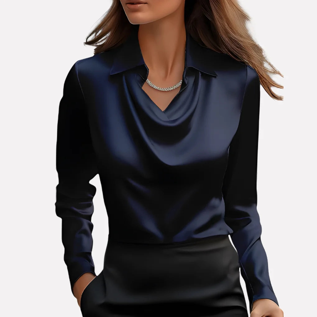 Blouse Satin-Like Draped Neckline Loose Fit