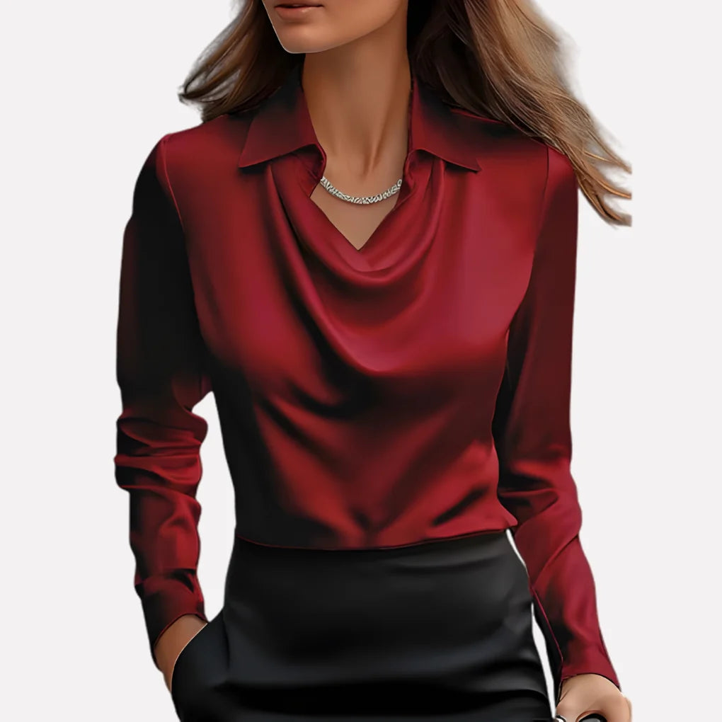 Blouse Satin-Like Draped Neckline Loose Fit
