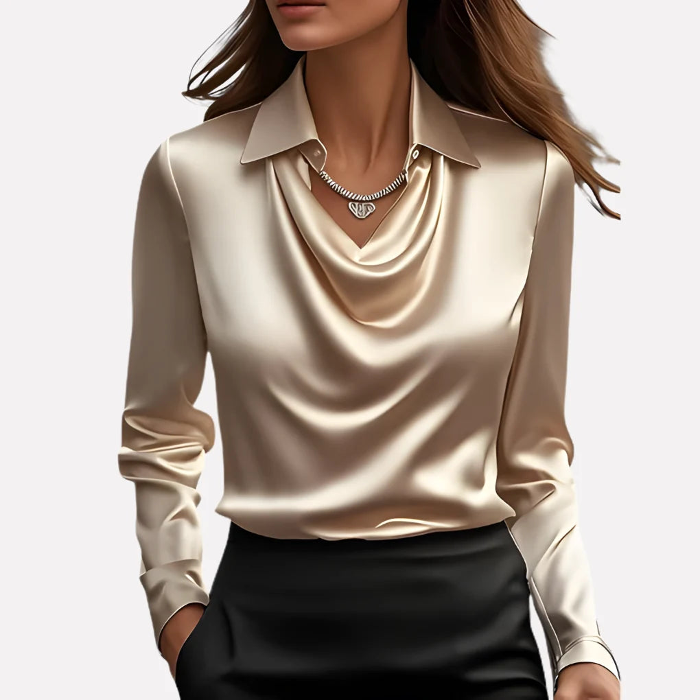 Blouse Satin-Like Draped Neckline Loose Fit