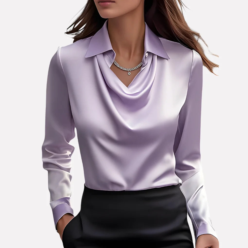 Blouse Satin-Like Draped Neckline Loose Fit