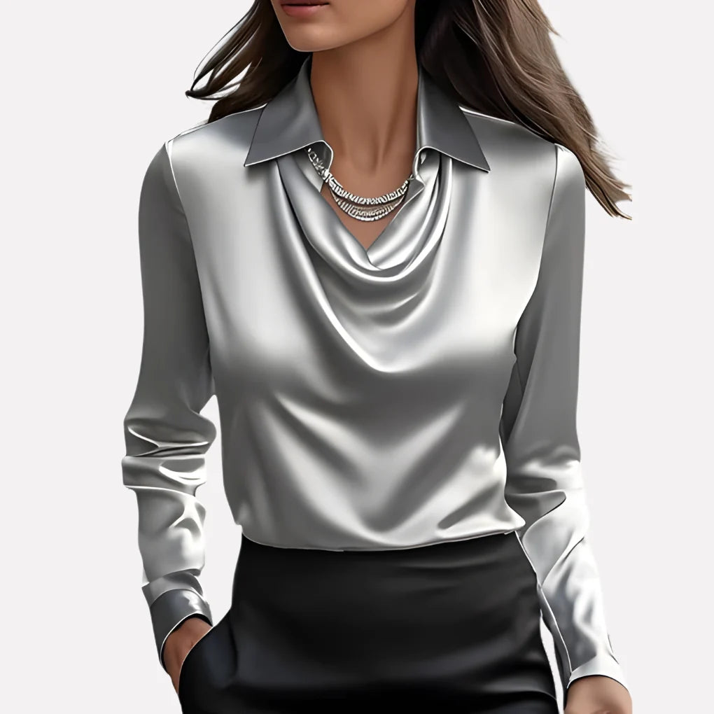 Blouse Satin-Like Draped Neckline Loose Fit