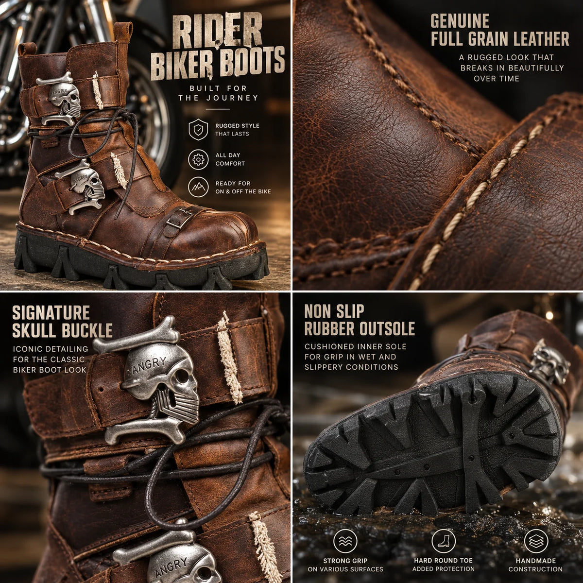 Boots Leather Lace & Dual Buckle Rubber Lug Sole