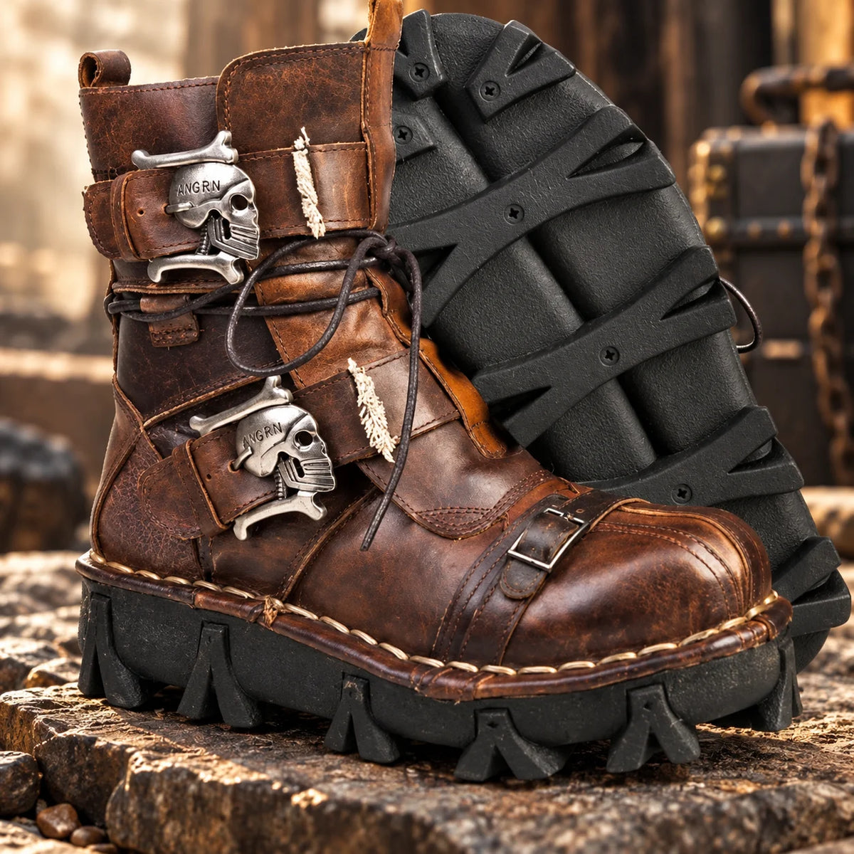 Boots Leather Lace & Dual Buckle Rubber Lug Sole