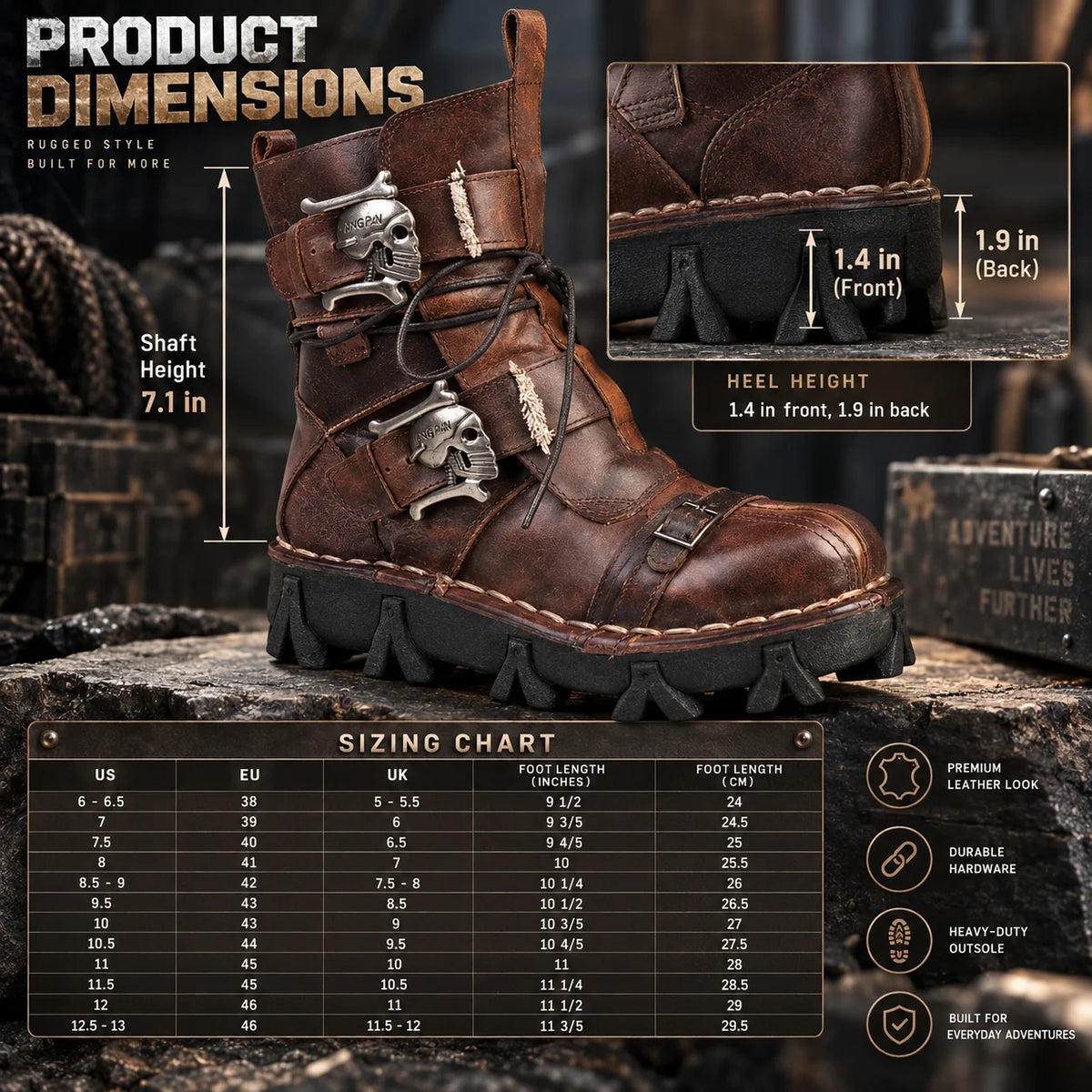 Boots Leather Lace & Dual Buckle Rubber Lug Sole